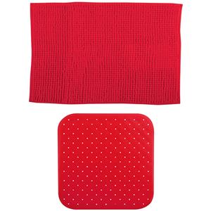 MSV Douche anti-slip mat en droogloop mat - Sevilla badkamer set - rubber/microvezel - rood -