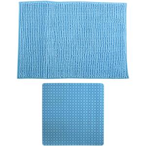 MSV Douche anti-slip mat en droogloop mat - Sevilla badkamer set - rubber/microvezel - lichtblauw -