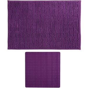 MSV Douche anti-slip mat en droogloop mat - Sevilla badkamer set - rubber/microvezel - paars -