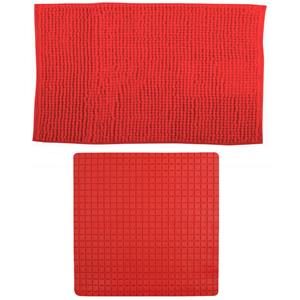 MSV Douche anti-slip mat en droogloop mat - Sevilla badkamer set - rubber/microvezel - rood -