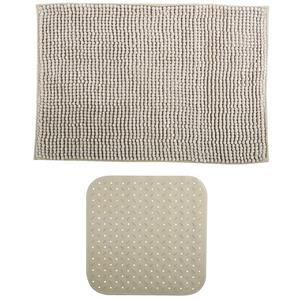 MSV Douche anti-slip mat en droogloop mat - Sevilla badkamer set - rubber/microvezel - beige -