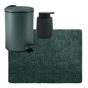 MSV badkamer droogloop tapijt langharig 50x70 cm - pedaalemmer 3L - zeeppompje 300 ml - donkergroen -