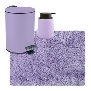 MSV badkamer droogloop tapijt langharig 50x70 cm - pedaalemmer 3L - zeeppompje 300 ml - lila paars -
