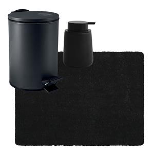 MSV badkamer droogloop tapijt langharig 50x70 cm - pedaalemmer 3L - zeeppompje 300 ml - zwart -