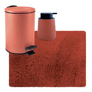 MSV badkamer droogloop tapijt langharig 50x70 cm - pedaalemmer 3L - zeeppompje 300 ml - terracotta -