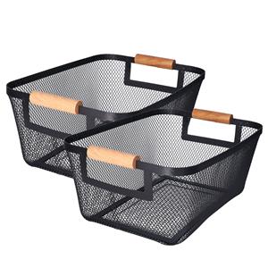 H&S Collection Opbergmand - 2x - met handgrepen - zwart - metaal - 31 x 22 x 14 cm - draadmand -