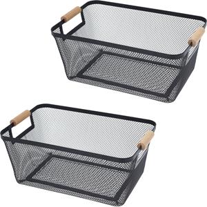 H&S Collection Opbergmand - 2x - met handgrepen - zwart - metaal - 35 x 23 x 16 cm - draadmand -