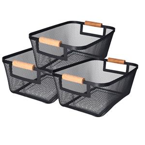 H&S Collection Opbergmand - 3x - met handgrepen - zwart - metaal - 31 x 22 x 14 cm - draadmand -