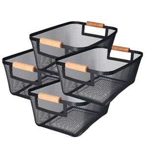 H&S Collection Opbergmand - 4x - met handgrepen - zwart - metaal - 31 x 22 x 14 cm - draadmand -