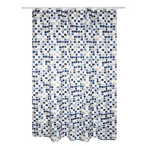 MSV Douchegordijn met ringen - wit/blauw - mozaiek print - Polyester - 180 x 200 cm - wasbaar -