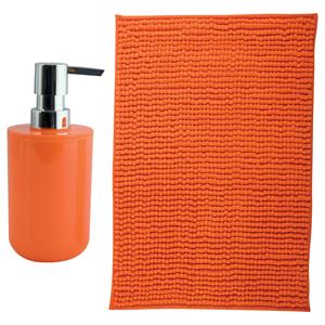 MSV badkamer droogloop mat - Milano - x 60 cm - met bijpassende kleur zeeppompje - oranje -