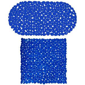 MSV Douche/bad anti-slip matten set badkamer - pvc - 2x stuks - donkerblauw - 2 formaten -
