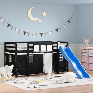VidaXL Kinderhoogslaper met gordijnen 90x190 cm grenenhout wit zwart