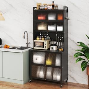 Costway 6-Vaks Keukenkast Dressoir met Kratten Draaideuren Magnetron Werkblad Geperforeerd Paneel met Haken voor Keuken Woonkamer