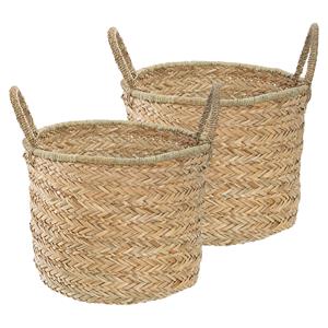 Atmosphera Opbergmand Opra - 2x - rond - riet - naturel - 28 x cm - opvouwbaar - decoratie mand -