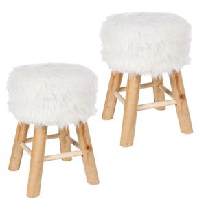 Atmosphera Bijzet krukje/zit krukje Oslo - 2x - houten onderstel/fluffy stof - wit - D30 x H42 cm -