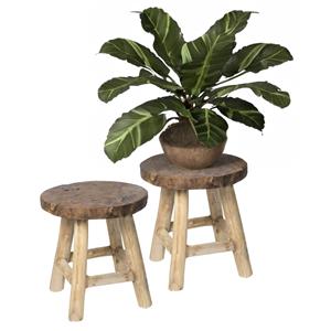 Mega Collections Zitkrukje - 2x - teak hout - lichtbruin - D40 x H42 cm - buiten/binnen -