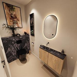 Mondiaz TURE-DLUX 80cm toiletmeubel Washed Oak. EDEN wastafel Lava positie links. Zonder kraangat. TUREDX80WASL0LAV