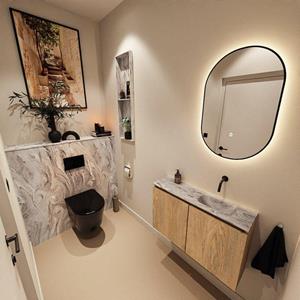 Mondiaz TURE-DLUX 80cm toiletmeubel Washed Oak. EDEN wastafel Glace positie rechts. Zonder kraangat. TUREDX80WASR0GLA
