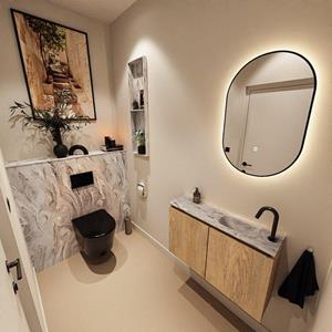Mondiaz TURE-DLUX 80cm toiletmeubel Washed Oak. EDEN wastafel Glace positie rechts. Met 1 kraangat. TUREDX80WASR1GLA