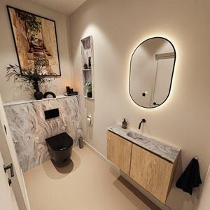 Mondiaz TURE-DLUX 80cm toiletmeubel Washed Oak. EDEN wastafel Glace positie midden. Zonder kraangat. TUREDX80WASM0GLA