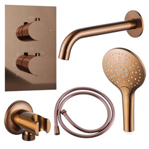 Fortifura Calvi Badkraan set - uitloop - 22cm inkortbaar - gladde slang - ronde handdouche - inbouwdeel - wandhouder - geborsteld koper PVD SW706209/SW970045/SW970047/SW1122515/SW1159496