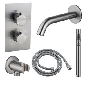Fortifura Calvi Badkraan set - uitloop - 22cm inkortbaar - metalen slang - staafhanddouche - inbouwdeel - wandhouder - geborsteld RVS PVD SW542645/SW706208/SW1159493/SW1122512/SW496812