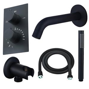 Fortifura Calvi Badkraan set - uitloop - 22cm inkortbaar - metalen slang - staafhanddouche - inbouwdeel - wandhouder - mat zwart SW542644/SW706203/SW721167/SW1122511/SW496811