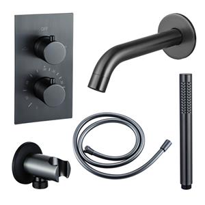 Fortifura Calvi Badkraan set - uitloop - 22cm inkortbaar - gladde slang - staafhanddouche - inbouwdeel - wandhouder - geborsteld gunmetal PVD SW766536/SW721165/SW721170/SW1122514/SW766537