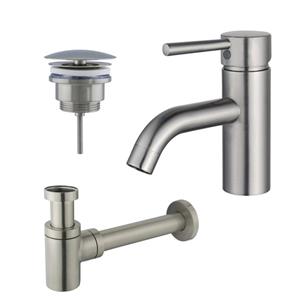 Fortifura Calvi Wastafelkraanset - lage wastafelkraan - always open plug - verlaagde design sifon - Geborsteld RVS PVD (RVS) SW377856/SW696207/SW696217