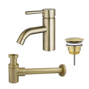 Fortifura Calvi Wastafelkraanset - lage wastafelkraan - always open plug - verlaagde design sifon - Geborsteld Messing PVD (Goud) SW720547/SW696208/SW696218