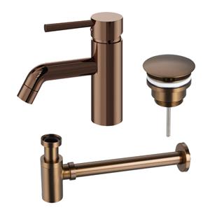 Fortifura Calvi Wastafelkraanset - lage wastafelkraan - always open plug - verlaagde design sifon - Geborsteld koper PVD (Koper) SW799405/ SW970031 / SW799403