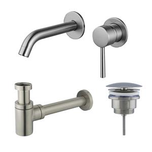 Fortifura Calvi Slim Wastafelkraanset - inbouw wastafelkraan - always open plug - verlaagde design sifon - Geborsteld RVS PVD (RVS) SW377860/SW696207/SW696217