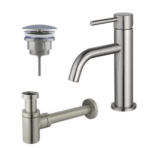 Fortifura Calvi Slim Wastafelkraanset - lage wastafelkraan - always open plug - verlaagde design sifon - Geborsteld RVS PVD (RVS) SW377858/SW696207/SW696217