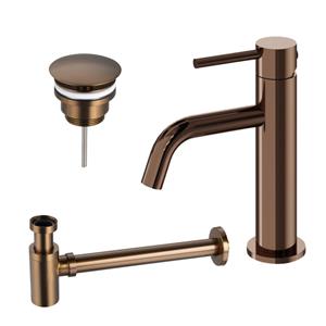 Fortifura Calvi Slim Wastafelkraanset - lage wastafelkraan - always open plug - verlaagde design sifon - Geborsteld koper PVD (Koper) SW799405 / SW970029 / SW799403