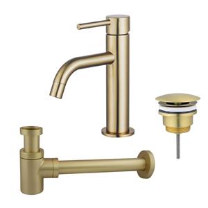 Fortifura Calvi Slim Wastafelkraanset - lage wastafelkraan - always open plug - verlaagde design sifon - Geborsteld Messing PVD (Goud) SW720545/SW696208/SW696218