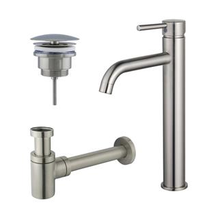Fortifura Calvi Wastafelkraanset - verhoogde wastafelkraan - always open plug - verlaagde design sifon - Geborsteld RVS PVD (RVS) SW377857/SW696207/SW696217