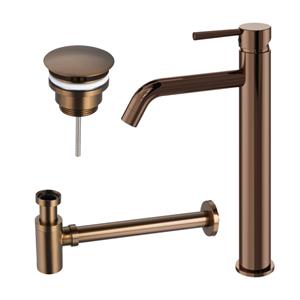 Fortifura Calvi Wastafelkraanset - verhoogde wastafelkraan - always open plug - verlaagde design sifon - Geborsteld koper PVD (Koper) SW970032 / SW799403 / SW799405