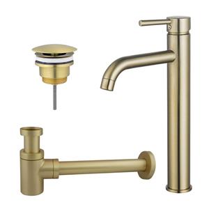 Fortifura Calvi Wastafelkraanset - verhoogde wastafelkraan - always open plug - verlaagde design sifon - Geborsteld Messing PVD (Goud) SW720549/SW696208/SW696218