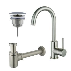 Fortifura Calvi Wastafelkraanset - hoge wastafelkraan - draaibare uitloop - always open plug - verlaagde design sifon - Geborsteld RVS PVD (RVS) SW809348/SW696207/SW696217