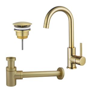 Fortifura Calvi Wastafelkraanset - hoge wastafelkraan - draaibare uitloop - always open plug - verlaagde design sifon - Geborsteld Messing PVD (Goud) SW809349/SW696208/SW696218