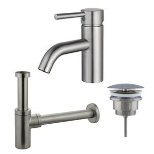 Fortifura Calvi Wastafelkraanset - lage wastafelkraan - always open plug - design sifon - Geborsteld RVS PVD (RVS) SW377856/SW696207/SW696212