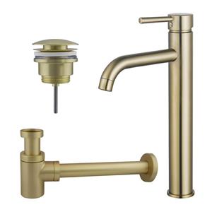 Fortifura Calvi Wastafelkraanset - verhoogde wastafelkraan - klikwaste plug - verlaagde design sifon - Geborsteld Messing PVD (Goud) SW720549/SW696202/SW696218