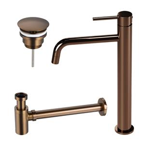 Fortifura Calvi Slim Wastafelkraanset - verhoogde wastafelkraan - always open plug - verlaagde design sifon - Geborsteld koper PVD (Koper) SW799403/SW970030/SW799405