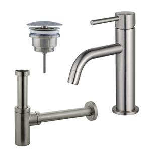 Fortifura Calvi Slim Wastafelkraanset - lage wastafelkraan - always open plug - design sifon - Geborsteld RVS PVD (RVS) SW377858/SW696207SW696212