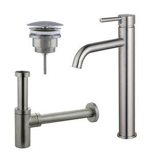 Fortifura Calvi Wastafelkraanset - verhoogde wastafelkraan - always open plug - design sifon - Geborsteld RVS PVD (RVS) SW377857/SW696207/SW696212