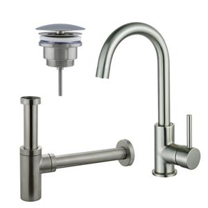 Fortifura Calvi Wastafelkraanset - hoge wastafelkraan - draaibare uitloop - always open plug - design sifon - Geborsteld RVS PVD (RVS) SW809348/SW696207/SW696212