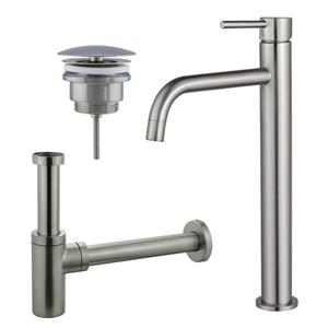Fortifura Calvi Slim Wastafelkraanset - verhoogde wastafelkraan - always open plug - design sifon - Geborsteld RVS PVD (RVS) SW377859/SW696207/SW696212