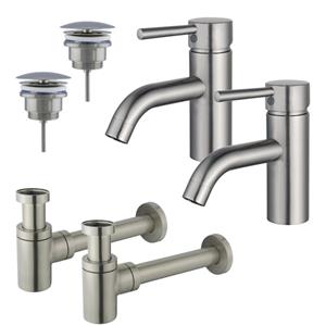 Fortifura Calvi Wastafelkraanset - voor dubbele wastafel - lage wastafelkraan - always open plug - verlaagde design sifon - Geborsteld RVS PVD (RVS) 2x SW377856/2x SW696207/2x SW696217
