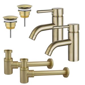 Fortifura Calvi Wastafelkraanset - voor dubbele wastafel - lage wastafelkraan - always open plug - verlaagde design sifon - Geborsteld Messing PVD (Goud) 2x SW720547/2x SW696208/2x SW696218